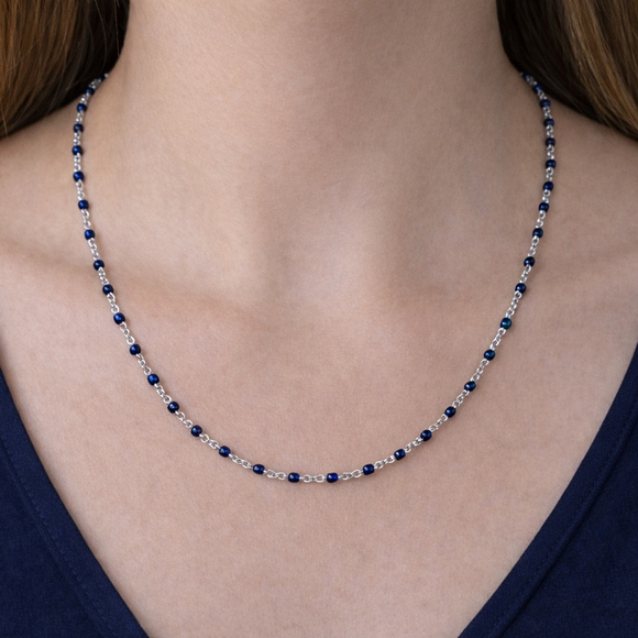 Jewelry - Necklace - 16” Stainless Steel Silver tone Necklace with dark blue Bead Accents
